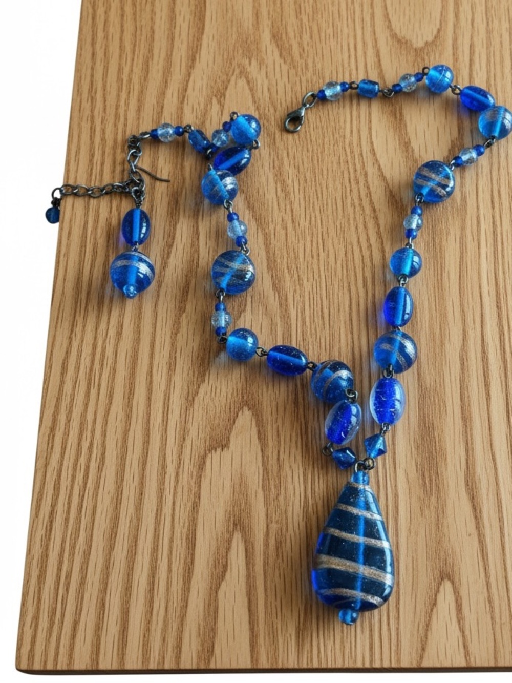 Vintage Blue Art Glass Statement Necklace Gold Foil Accent Teardrop Pendant